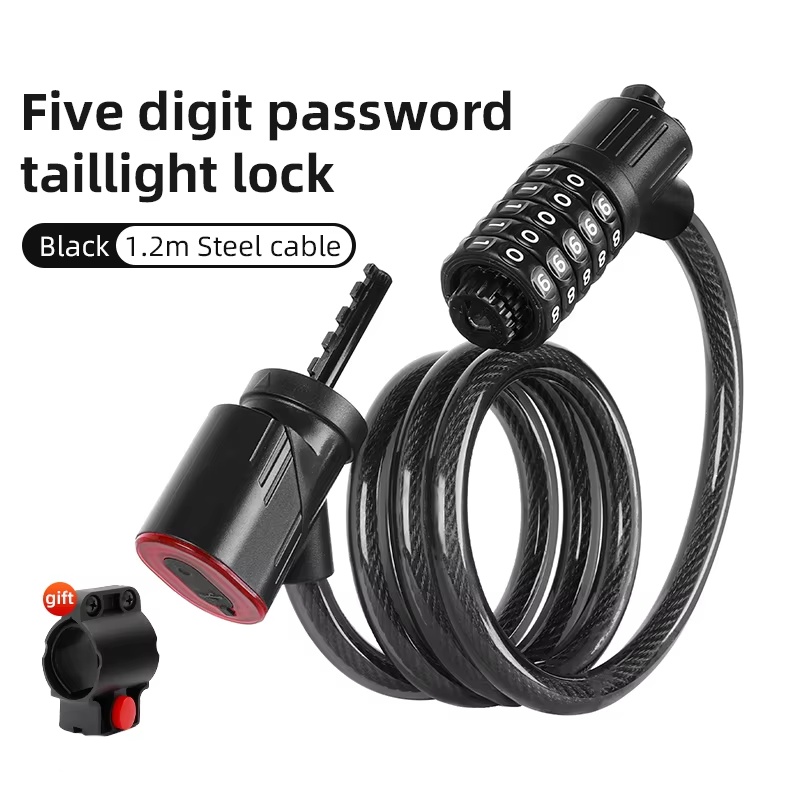 Bike Tail Light - ล็อคจักรยานพร้อมไฟท้าย รหัสผ่านความปลอดภัย 5 หลัก ล็อคจักรยาน สายเหล็ก
