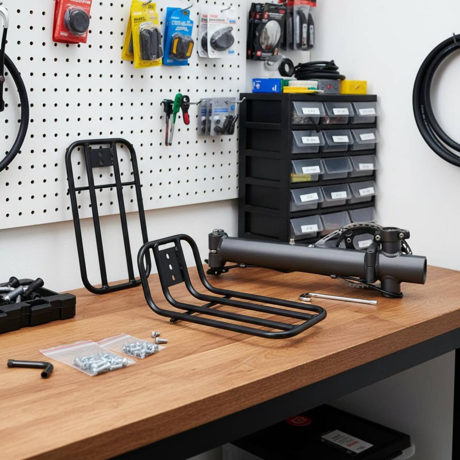 Bike Cargo Rack - แร็คใส่สัมภาระด้านหน้าสำหรับจักรยานพับได้ โครงสร้างแข็งแรง แร็คใส่สัมภาระด้านหน้าสำหรับจักรยานสองล้อ ความจุขนาดใหญ่สำหรับผู้เดินทางและทัวร์ริ่ง