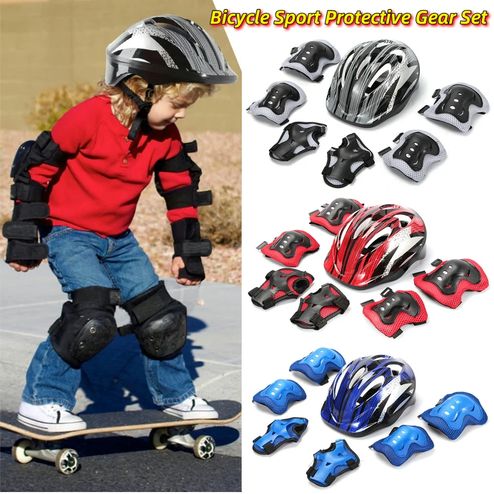 Cycling Protective Gear Kids - ชุดอุปกรณ์ป้องกันสำหรับกีฬาจักรยาน 7 ชิ้น ชุดหมวกนิรภัยสำหรับเด็กแบบปรับได้ ขนาด 48-55